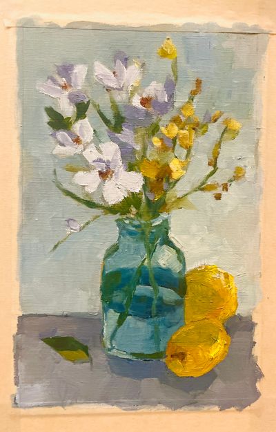 Painting of a green glass of white and yellow flowers