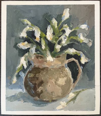 Painting of a brown pot of white flowers